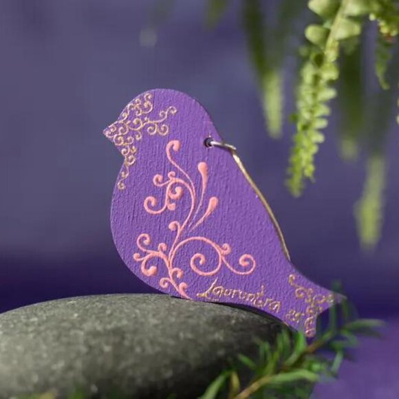 Bird Shaped Mandala Ornament Dot Art: Hand-Painted Acrylic Purple Ornament - Picture 5 of 6